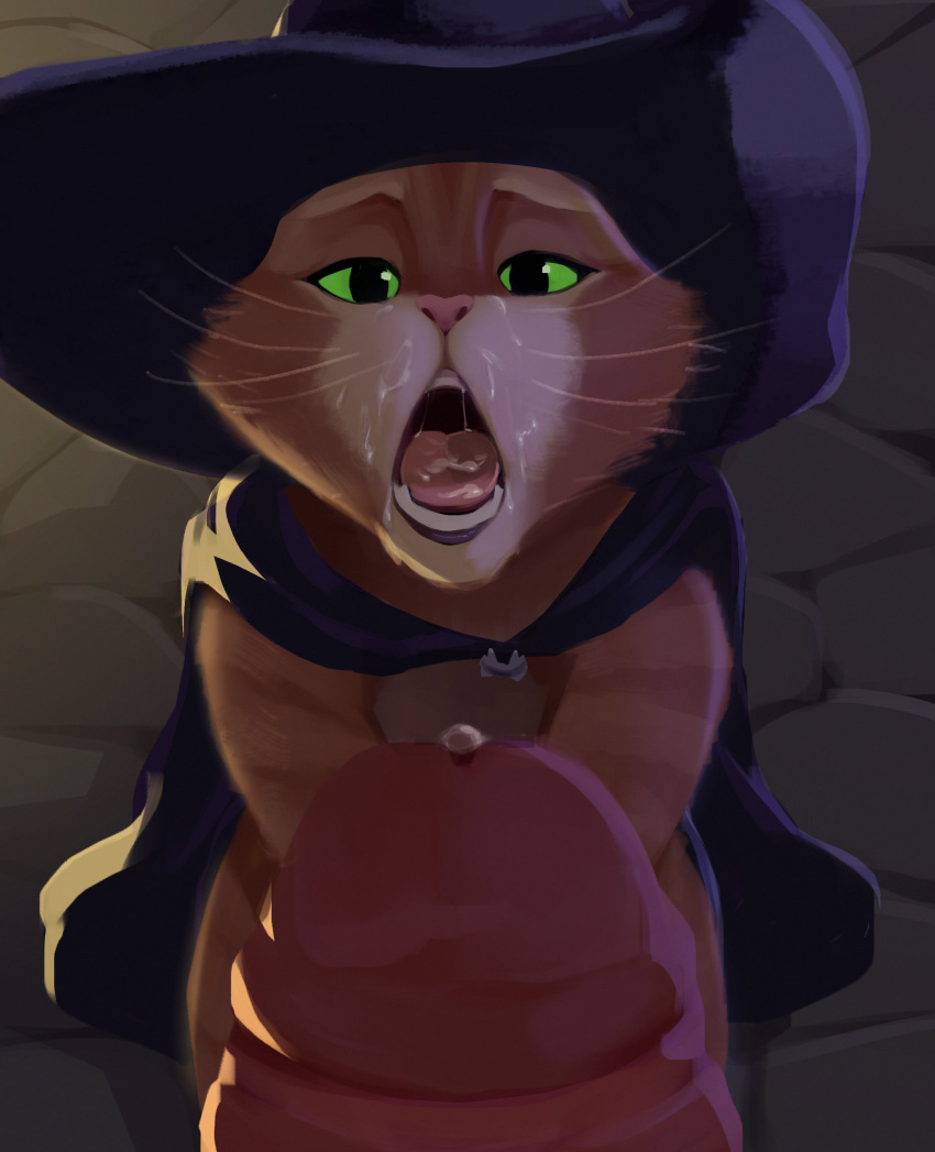 2boys black_cape black_hat cape cat_boy cavalier_hat colored_sclera cum cum_in_mouth death_(puss_in_boots) dreamworks erection facial fangs feline furry furry_male furry_with_furry gay green_eyes green_sclera half-closed_eyes hat hat_feather highres interspecies kneeling looking_at_viewer male_focus multicolored_fur multiple_boys murizy_(nk54069) open_mouth orange_cat orange_fur penis pink_nose puss puss_in_boots_(dreamworks) puss_in_boots_(film) puss_in_boots_the_last_wish saliva shrek_(series) size_difference stone_floor tabby_cat teeth universal_studios whiskers wolf_boy yaoi