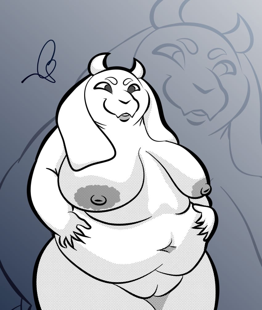 big_areola big_belly big_breasts boss_monster deep_navel floppy_ears holding_belly horns naked pussy smiling snifflah thick_thighs toriel undertale white_fur