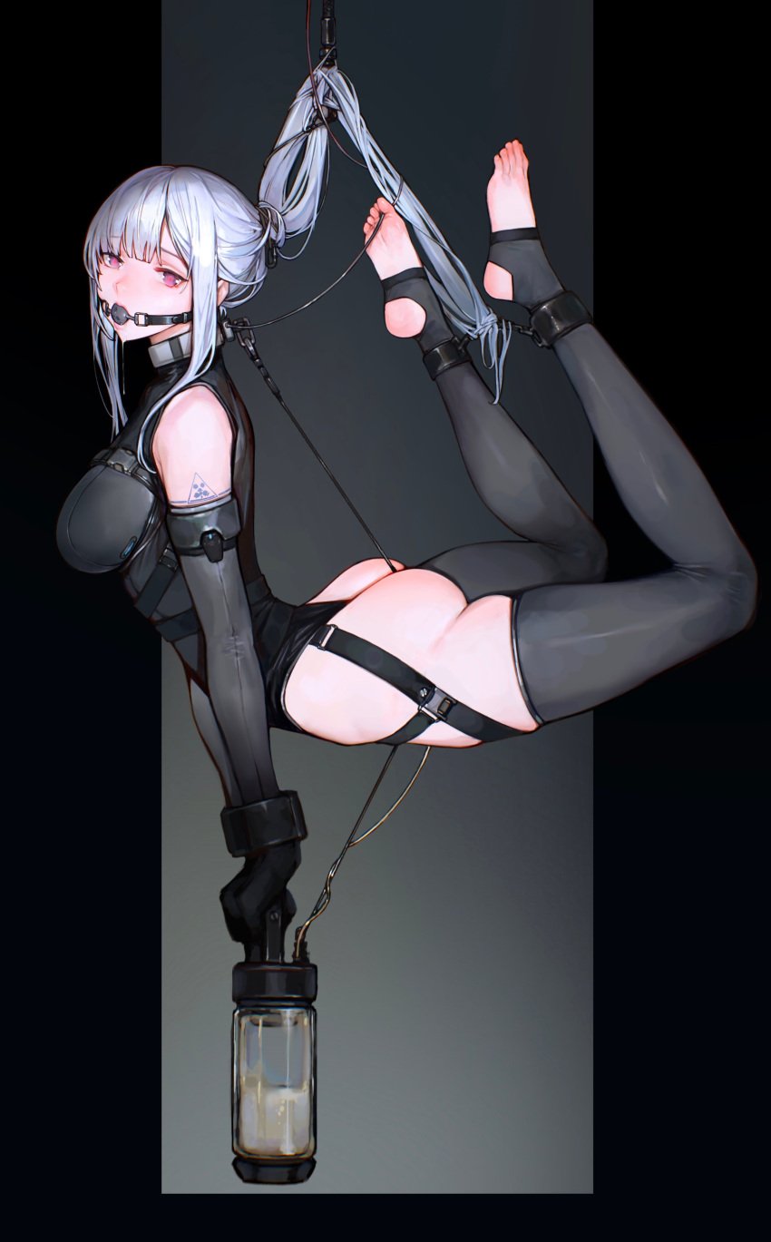 absurdres ak-12_(girls'_frontline) ankles_bound arm_tattoo ass ball_gag black_gloves black_leotard black_thighhighs bondage bondage bound bound_ankles bound_wrists breasts chest_harness crotch_rope detached_sleeves drooling elbow_gloves feet female gag gagged girls'_frontline gloves hair_bondage hanging harness highleg highleg_leotard highres holding_vial iuui legs leotard long_hair medium_breasts no_shoes pink_eyes ponytail restrained saliva saliva_trail science_fiction simple_background skindentation soles solo stirrup_legwear tattoo thigh_strap thighhighs toe_scrunch toeless_legwear toenails toes vial white_hair wire
