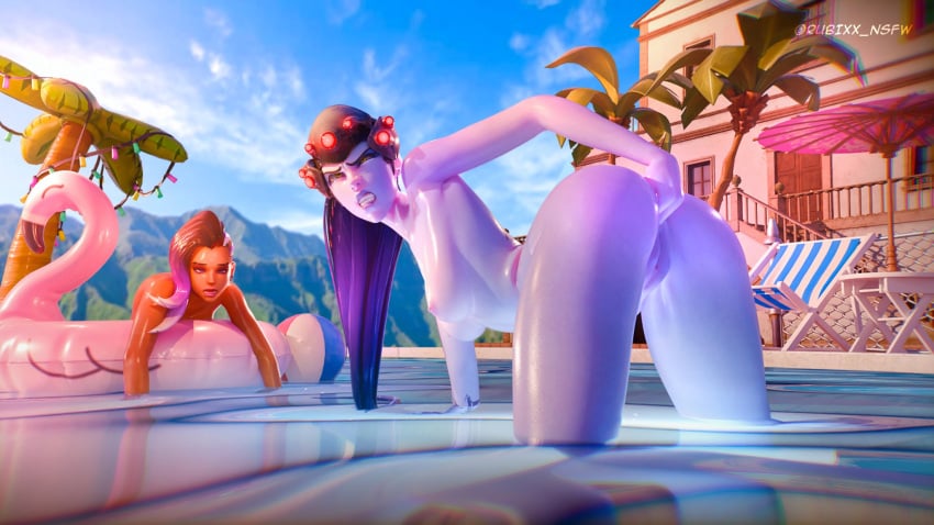 3d anal anal_sex anus breasts clenched_teeth completely_nude completely_nude_female dark-skinned_female dark_skin female female_only fingering fingering_ass headwear looking_back looking_back_at_self multicolored_hair naked nude nude_female overwatch overwatch_2 pool public public_nudity pussy rubixx_nsfw shiny shiny_skin sombra teeth_clenched wet wet_body widowmaker