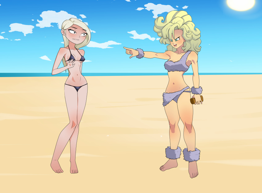 2girls anoneysnufftan arrest ayla beach big_hair bikini blonde_hair chrono_trigger confrontation fur_bikini humiliation imminent_death killer_lotion long_hair lotion_bottle mirage_(the_incredibles) multiple_girls one_arm_up peril pointing scared silver_hair summer swimsuit the_incredibles turquoise_eyes