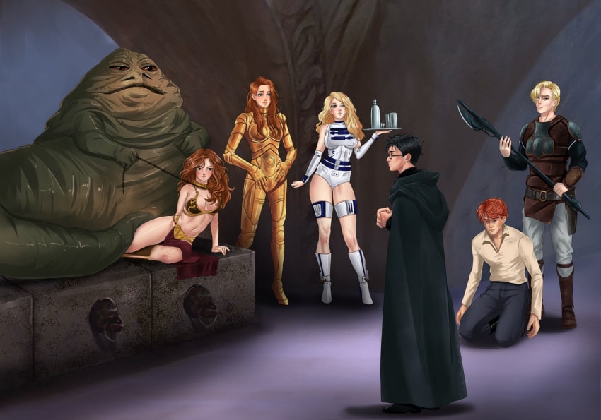 amenoosa bikini blonde_hair blush bodysuit bra brown_hair chain_leash cosplay crossover draco_malfoy embarrassed femsub full_body ginny_weasley glasses harry_james_potter harry_potter hermione_granger hutt indoors interspecies jabba's_palace jabba_the_hutt loincloth long_hair luke_skywalker_(cosplay) luna_lovegood princess_leia_organa princess_leia_organa_(cosplay) reclining_pose red_hair robot_girl ron_weasley royalty side_view slave_bikini slave_collar slave_leia slave_leia_(cosplay) slave_outfit slavegirl star_wars submissive tatooine thick_legs thick_thighs