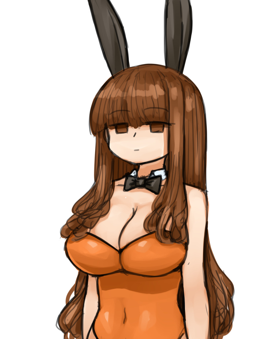 bare_shoulders breasts brown_eyes brown_hair bunny_ears cleavage expressionless fake_animal_ears fate/extra fate_(series) hakuno_kishinami large_breasts leotard long_hair navel neutral_expression steamingtofu type-moon white_background