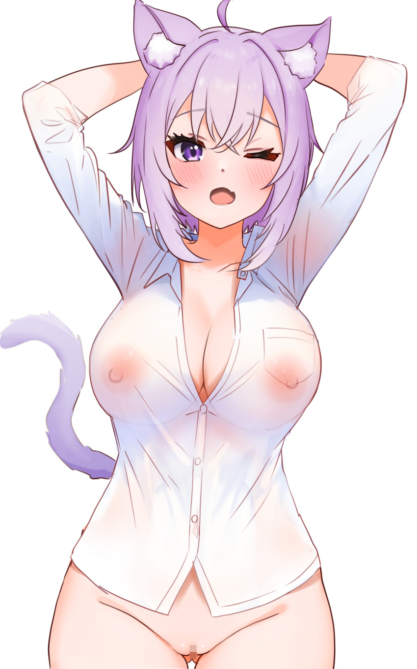 1girls absurd_res absurdres animal_ear_fluff animal_ears animal_tail areolae bare_pussy bare_skin bare_thighs belly belly_button blush blush_lines blushing_female breasts cat_ears cat_tail cleavage cleft_of_venus collarbone dot_nose elbows eyebrows_visible_through_hair female female_focus female_only got0_naisho groin hair_between_eyes hands_behind_head high_resolution highres hololive hololive_japan hourglass_figure large_breasts light-skinned_female light_skin lips looking_at_viewer naked naked_female navel nekomata_okayu nipples nude nude_female one_eye_closed open_mouth purple_eyes purple_eyes_female purple_hair purple_hair_female pussy shirt shoulders simple_background slender_body slender_waist slim_girl slim_waist solo standing thick_thighs thighs thin_waist tongue translucent translucent_clothing uncensored_breasts uncensored_nipples upper_body v-line virtual_youtuber white_background white_shirt wide_hips