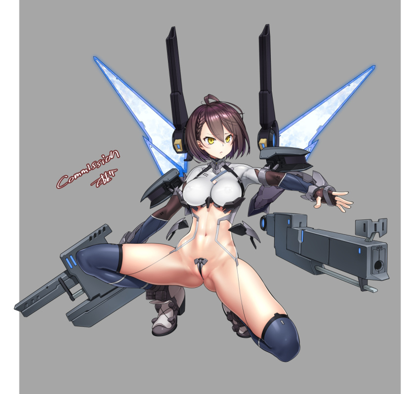 ahoge alternative_costume azur_lane baltimore_(azur_lane) bangs black_gloves blue_legwear blue_thighhighs bodysuit braid breasts brown_hair c-string closed_mouth clothing commission crop_top detached_wings elbow_gloves female female fingerless_gloves footwear french_braid full_body gauntlets gloves gluteal_fold grey_background groin gun hair_between_eyes high_resolution holding holding_gun holding_weapon impossible_bodysuit impossible_clothes large_breasts legwear looking_to_the_side mecha_musume mechanical_wings navel one_knee revealing_clothes shoes short_hair sidelocks signature simple_background skeb_commission skindentation solo strapless_bottom takada_kazuhiro thighhighs tied_hair weapon white_bodysuit white_footwear wings yellow_eyes