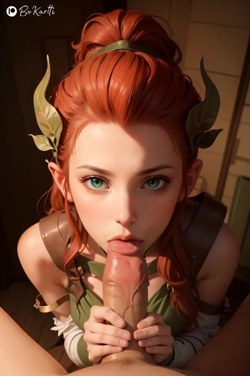 1boy 1girls ai_generated artist_name bokartti cfnm critical_role critical_role:_vox_machina female green_eyes holding_penis imminent_fellatio keyleth leaves_in_hair male penis ponytail pov_eye_contact pubic_hair red_hair the_legend_of_vox_machina