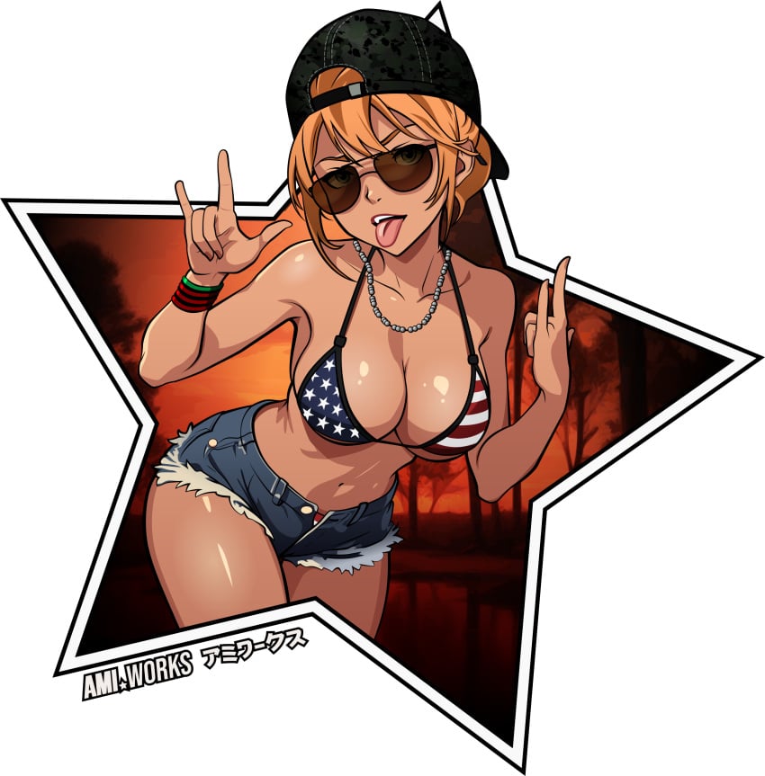 1girls american_flag_bikini amiworks bikini_top blonde_hair bracelet breasts brown-tinted_eyewear cleavage devil_horns_(gesture) female female_only grand_theft_auto_vi hat hi_res large_breasts looking_at_viewer mud_girl_(gta_vi) navel necklace open_mouth shorts solo sunglasses tinted_eyewear tongue tongue_out