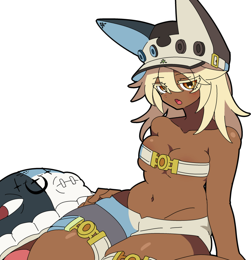 amber_eyes blonde_hair cleavage dark_skin guilty_gear kekeken_(9vsqgrq7v2wnvby) open_mouth ramlethal_valentine small_breasts squished_breasts thick_thighs