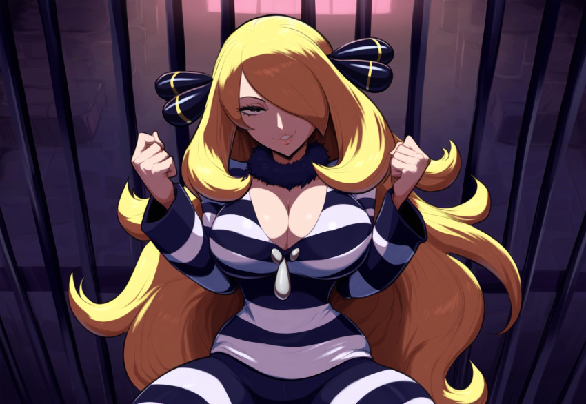 ai_generated blonde_hair cynthia_(pokemon) female huge_breasts jail jail_cell mature_female mullon novelai pokemon pokemon_dppt prison prison_cell prison_uniform seductive seductive_smile thick_thighs