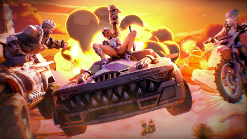 3d 3d_(artwork) anus ass bottomless bottomless_female brite_bomber brite_raider car dark_skin dark_skinned_female desert female female_focus fingering_pussy fingering_self fortnite goggles goggles_on_head legs_apart looking_at_another megalo_don_(fortnite) motorcycle multicolored_hair on_car public public_masturbation public_nudity pussy ringmaster_scarr_(fortnite) rubixx_nsfw scarr_(fortnite) smile smiling thumbs_up vehicle watching watching_masturbation