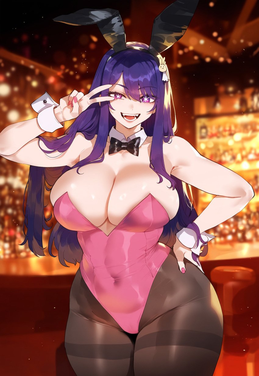 ai_generated bunny_girl bunnysuit cleavage creamy_ai curvy hoshino_ai large_breasts oshi_no_ko pantyhose purple_eyes purple_hair star_shaped_pupils thick_thighs v_sign wide_hips