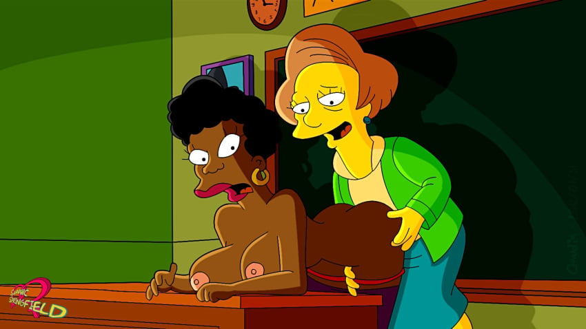 20th_century_studios accurate_art_style ass bernice_hibbert breasts claudia-r clothes color dark-skinned_female dark_skin edna_krabappel female female_only human indoors interracial multiple_females multiple_girls nipples nude the_simpsons yellow_body yellow_skin yuri