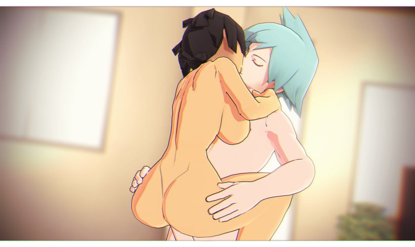 1boy 1girls 3d ass black_hair breasts closed_eyes completely_nude indoors kissing light_blue_hair male/female nintendo nude_female nude_male pokemon pokemon_oras sex short_hair standing standing_sex steven_stone_(pokemon) straight universalkun upright_straddle zinnia_(pokemon)