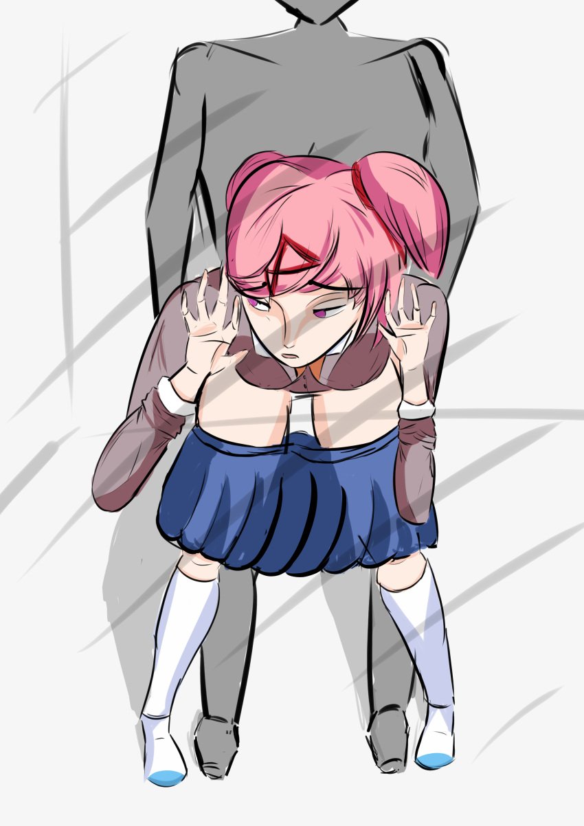 1boy 1girls anyalopa bent_over blue_skirt colored doki_doki_literature_club female male natsuki_(doki_doki_literature_club) pink_eyes pink_hair school_uniform sex shy skirt skirt_down socks vaginal_sex white_socks