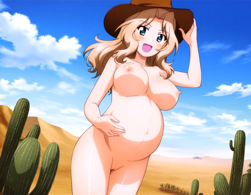 1girls ai_generated blonde_hair blush cactus cleft_of_venus cowboy_hat day desert girls_und_panzer hand_on_own_stomach kay_(girls_und_panzer) large_breasts looking_at_viewer nipples nude pregnant smile standing