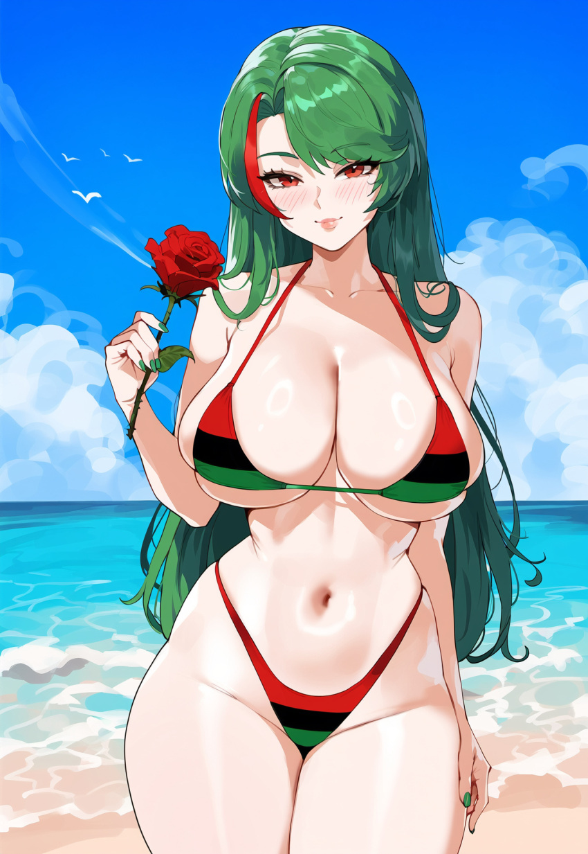 ai_generated azur_lane beach bikini blush curvaceous curvy curvy_body curvy_female curvy_figure green_nails large_ass large_breasts littorio_(azur_lane) looking_at_viewer looking_pleasured ocean pan-african_flag_bikini rose rose_(flower) smile smiling smiling_at_viewer swimsuit water