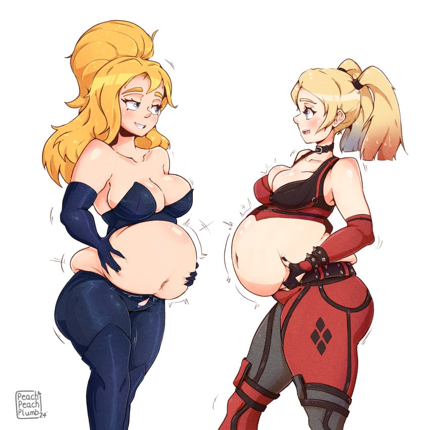 2girls batman_(series) belly_expansion bloated_belly blonde_hair dc erotica_jones female_only harley_quinn huge_belly peachpeachplumb stripperella tagme