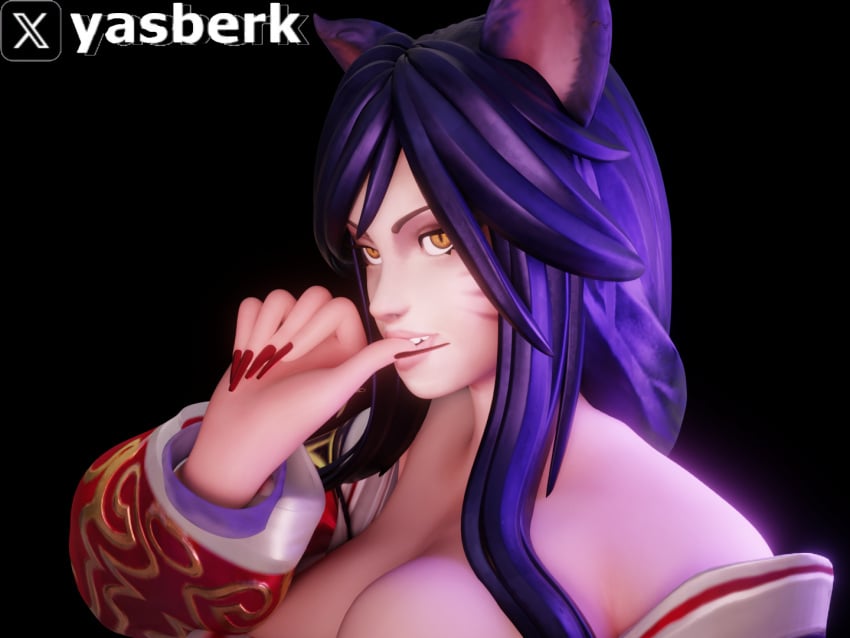 3d ahri biting_finger black_background league_of_legends lustful_gaze nail_polish nails