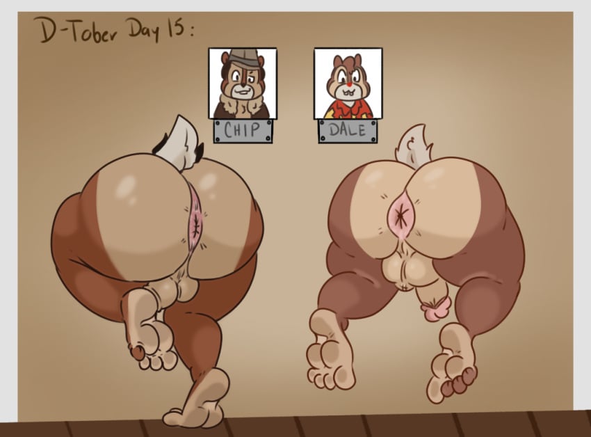 anthro anus ass balls big_butt brown_body chip_'n_dale_rescue_rangers chip_(disney) dale_(disney) day74art disney duo feet foot_fetish genitals male male/male penis public public_use stuck through_wall wall_(structure)