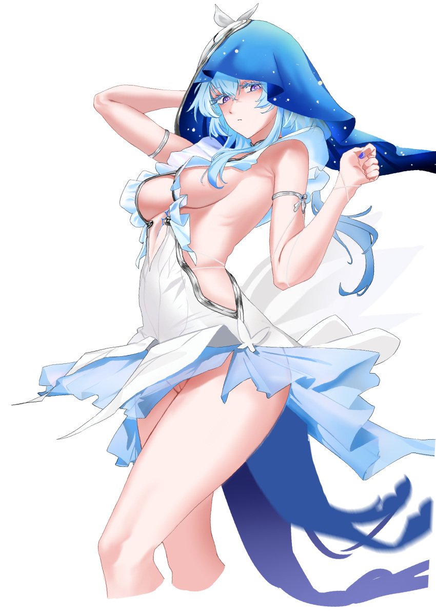 absurdres armlet bare_legs blue_hair blue_veil breasts colored_eyelashes commentary dress female from_side hair_between_eyes highres jewelry large_breasts legs long_hair looking_at_viewer no_panties purple_eyes pussy pussy_peek simple_background sleeveless sleeveless_dress solo tf_(weta7855) the_shorekeeper_(wuthering_waves) uncensored veil white_background white_dress wuthering_waves