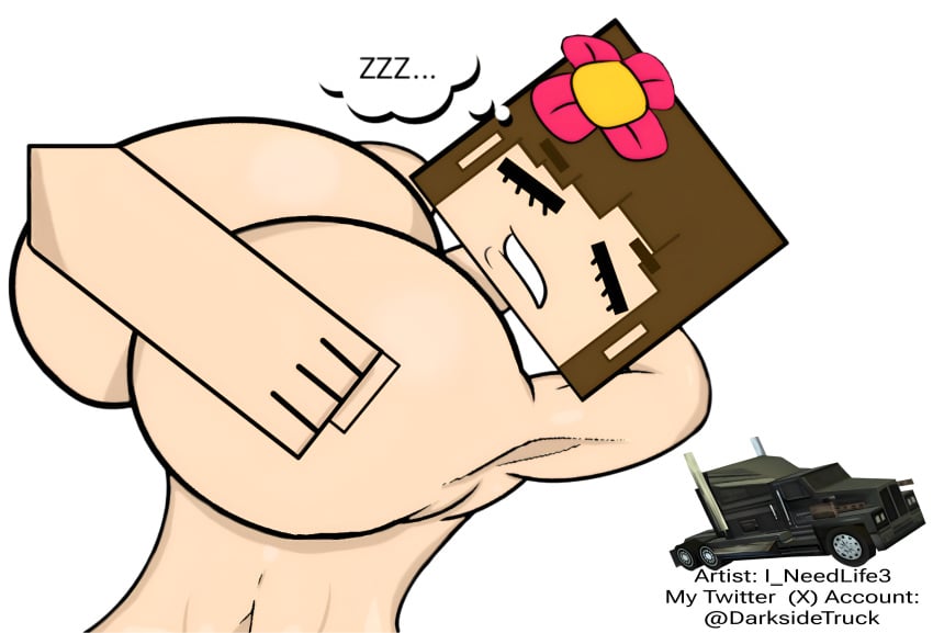 1girls arm_behind_head arm_up armpit belly_button big_breasts closed_eyes covering_breasts cubic_body flower_in_hair gigantic_breasts huge_breasts i_needlife3_(artist) jenny_belle_(slipperyt) minecraft self_upload sexy_armpits sleeping sleeping_nude transparent_background zzz