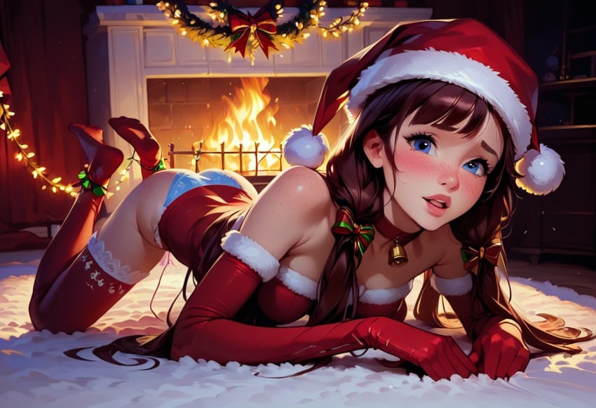 ai_generated blue_eyes brokentoys brunette christmas christmas_outfit doggy_style hermes113 panties rape twintails