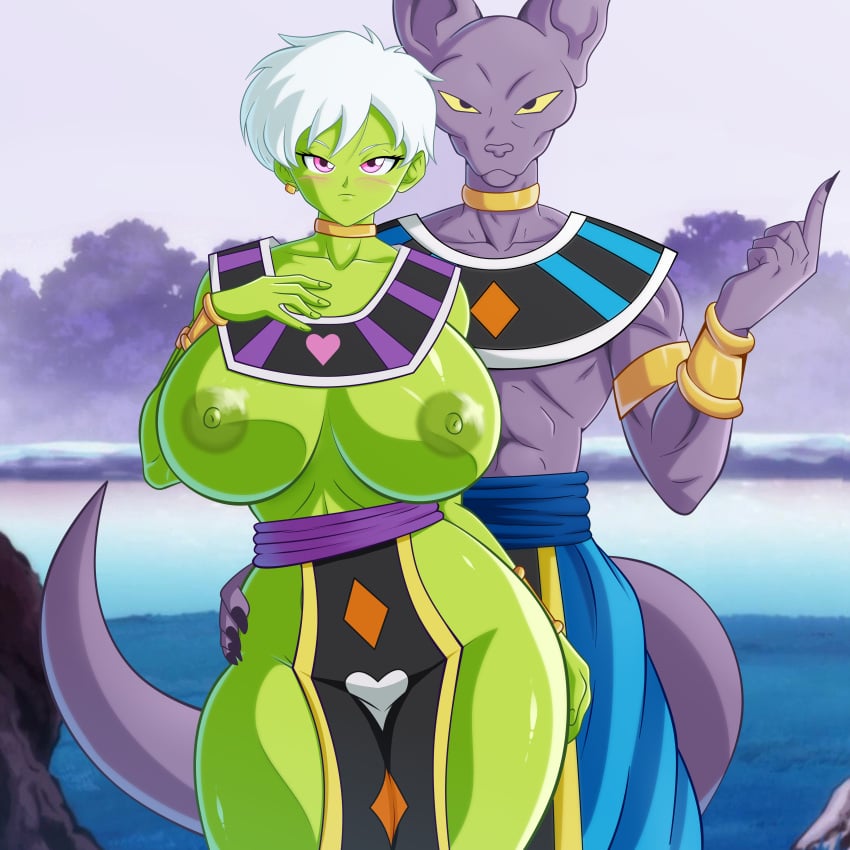 beerus blush cheelai curvy_figure dragon_ball dragon_ball_super exposed_nipples goddess goddess_of_destruction green_skin huge_breasts nipples partially_clothed soul-z white_hair