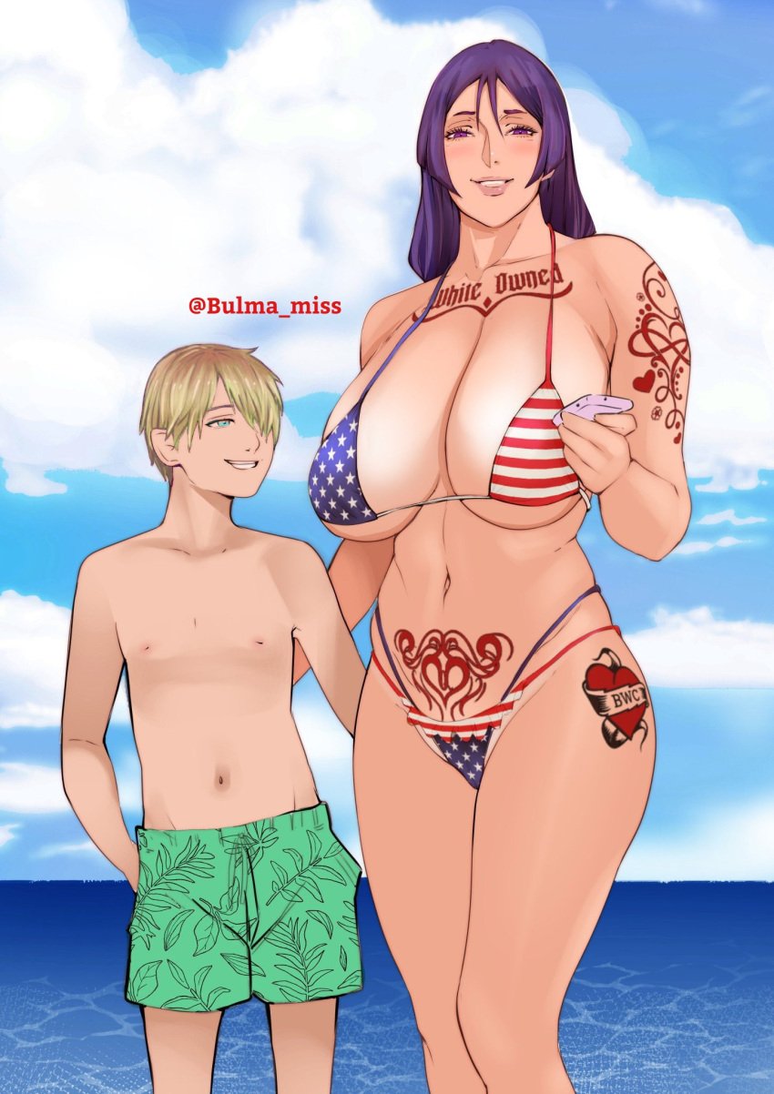 american_flag artist_request ass_grab beach belly_button big_ass big_breasts bikini bikini_bottom bikini_top bleached blonde_hair blue_eyes blush commission dominant fate/grand_order fate_(series) glowing_sora grabbing grabbing_from_behind height_difference lipstick looking_at_viewer massive_breasts minamoto_no_raikou_(fate/grand_order) mostly_nude oc original_character pale-skinned_female pale-skinned_male pale_skin phone purple_eyes purple_hair queen_of_hearts servant sex_slave sex_toy shorter_male shorts size_difference slave submissive submissive_female thick_thighs wide_hips