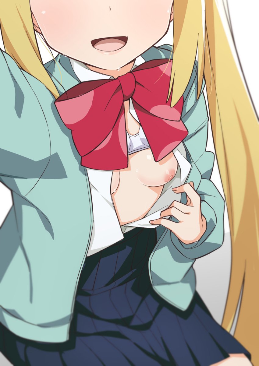 blonde_hair blue_jacket blue_skirt bocchi_the_rock! bow bra bra_lift breast_focus breasts eyes_out_of_frame female female_focus highres ijichi_nijika jacket long_hair morisobo nipples one_breast_out open_mouth pointy_chin red_bow shirt simple_background skirt small_breasts solo underwear white_background white_bra white_shirt