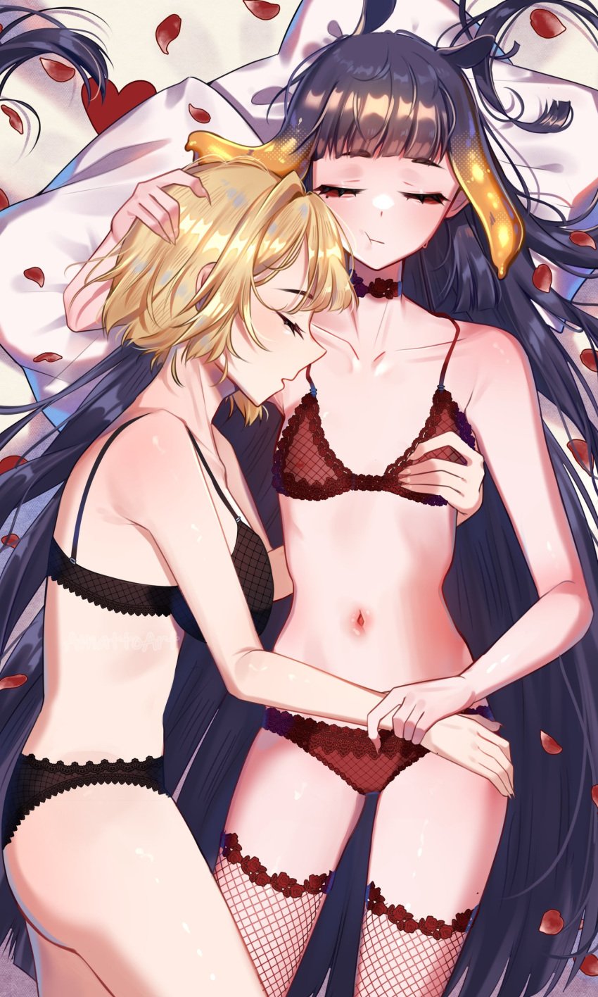 2girls amatto bed belly_button big_breasts bra breasts heart holding_each_other hololive hololive_english hololive_myth lingerie midriff ninomae_ina'nis panties petals rose_petals sleeping small_breasts thick_thighs thigh_gap thighs virtual_youtuber vtuber watson_amelia yuri