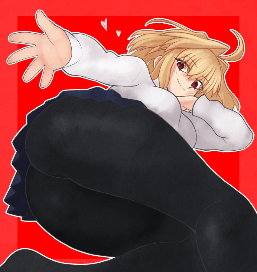 ahoge antenna_hair arcueid_brunestud ass ass ass_focus big_ass blonde_hair blush breasts butt_focus champchidi female hair_intakes highres huge_ass inviting large_ass long_sleeves looking_at_viewer pantyhose red_eyes seducing short_hair skirt smile solo sweater tsukihime tsukihime_(remake) turtleneck white_sweater