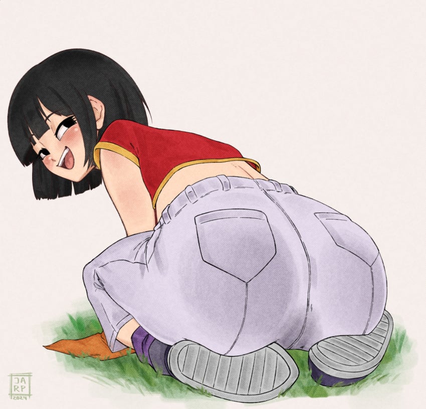 1boy 1girls 2024 ass ass_focus back_view big_ass black_hair blush dragon_ball dragon_ball_gt female fully_clothed highres jarp legs light-skinned_female light_skin male medium_hair pan_(dragon_ball) pants penis saiyan shirt shoes sitting smile socks straight sweat sweatdrop sweaty_butt thighs toei_animation wet wet_clothes younger_female