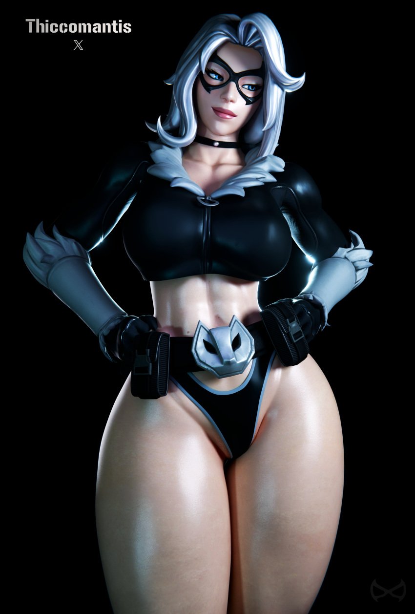 3d 3d_(artwork) belt big_breasts big_thighs black_cat_(fortnite) black_cat_(marvel) blue_eyes choker felicia_hardy fortnite fortnite:_battle_royale marvel marvel_comics mask spider-man_(series) thiccomantis thick_hips thick_legs thick_thighs white white_hair