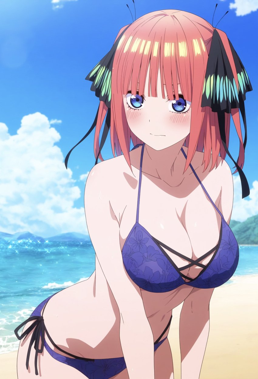 ai_generated belly_button bikini blush breasts go-toubun_no_hanayome nakano_nino pointy_chin slim_waist stomach swimsuit water