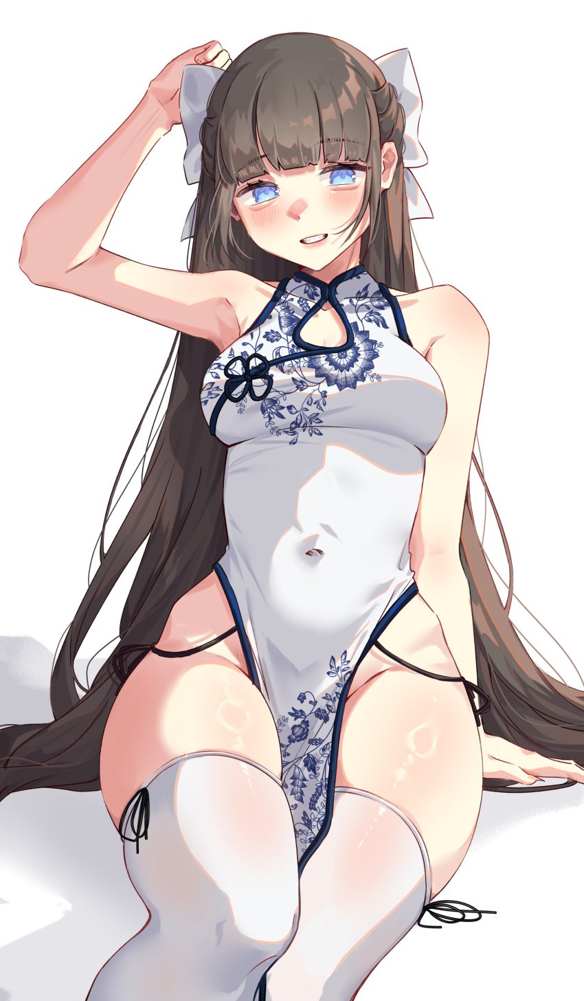 amatto arm_up armpit belly_button_visible_through_clothing big_breasts blush breasts china_dress chinese_clothes hip_dips hips looking_at_viewer nemurimouto! no_panties shiny_skin sitting skindentation smile thick_thighs thighhighs thighs