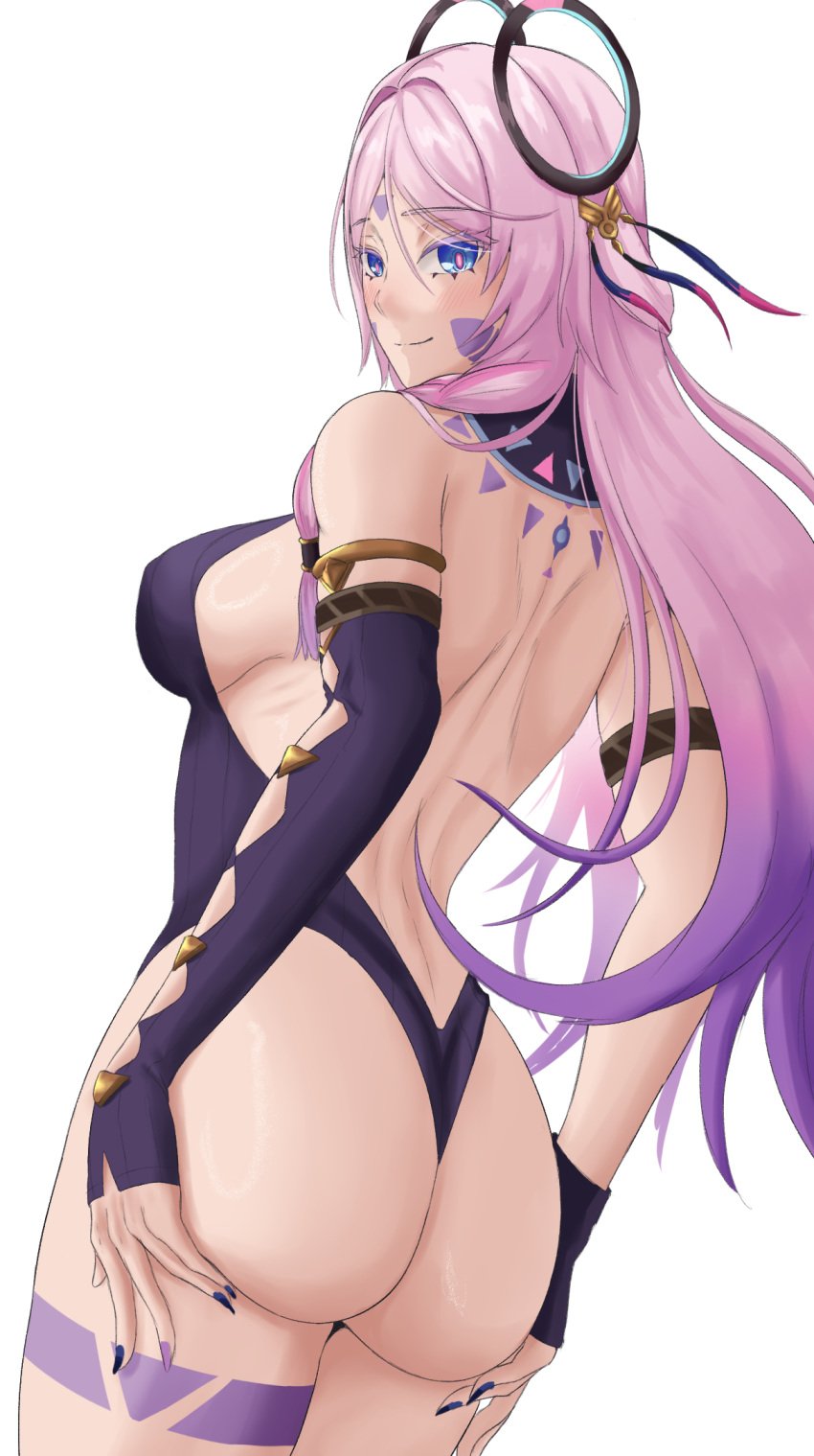 ass back backless_leotard bare_back bare_shoulders black_leotard blue_eyes blue_nails blush breasts citlali_(genshin_impact) closed_mouth cowboy_shot facial_mark female forehead_mark from_behind genshin_impact hair_ornament huge_ass i_rei_za large_breasts leotard long_hair looking_at_viewer looking_back multicolored_hair multicolored_nails nail_polish pink_hair pink_pupils purple_hair purple_nails sleeveless_leotard smile solo very_long_hair white_background