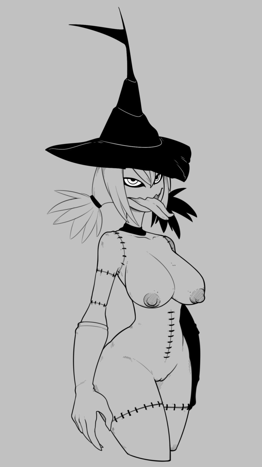 big_breasts breasts completely_nude female forked_tongue gloves hips kiduna_doll_(merafume) looking_up mercurialmorose monochrome nipples nude nude_female pussy solo solo_focus standing stitches thick_thighs thighs tongue tongue_out wide_hips witch_hat