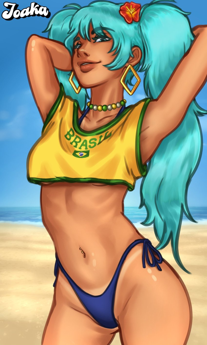 1girls 2d 2d_(artwork) athletic athletic_female beach blue_eyes brazil brazilian brazilian_female brazilian_miku breasts digital_drawing_(artwork) digital_media_(artwork) earrings female female_focus female_only hatsune_miku joakadraws light-skinned_female light_skin long_hair looking_at_viewer medium_breasts necklace panties ponytail pose posing presenting shirt solo solo_focus standing tan-skinned_female tan_body tan_skin tank_top tanline tanlines teal_hair thong_bikini thong_panties twintails underboob underwear vocaloid watermark