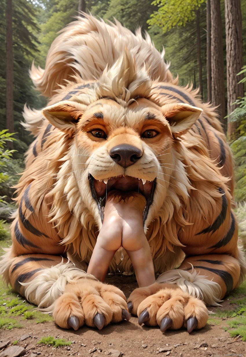 ai_generated arcanine aurugy bodily_fluids detailed dripping duo female feral fluffy fluffy_fur forest generation_1_pokemon hi_res human kneeling kneeling_on_ground looking_at_viewer male male/female male/male mammal open_mouth outdoor outside plant pokemon pokemon_(species) saliva saliva_drip saliva_string size_difference swallowing tree vore willing_prey