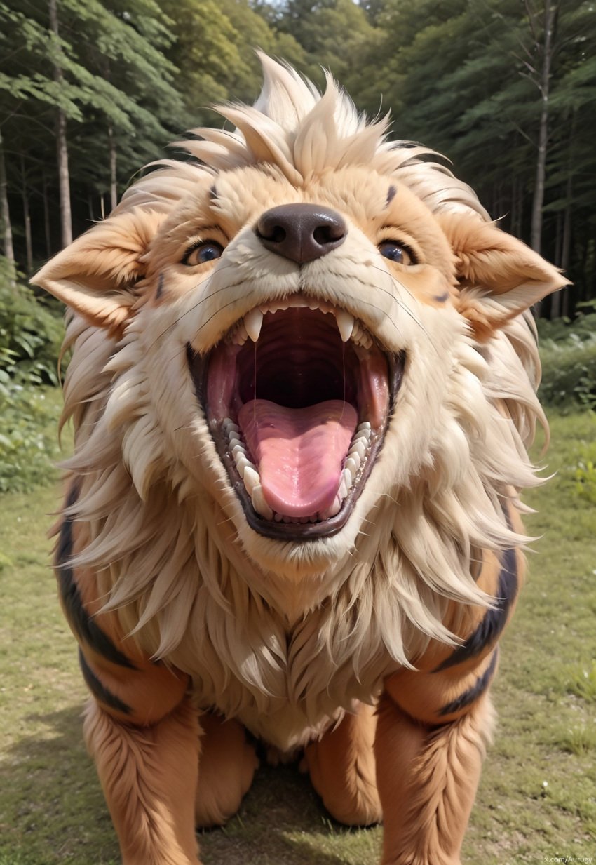 ai_generated anthro arcanine aurugy bodily_fluids furry generation_1_pokemon imminent_vore kneeling_on_ground looking_at_viewer male mouth_shot on open_mouth outdoor outside photorealistic pokemon_(species) realistic saliva saliva_string solo tongue vore