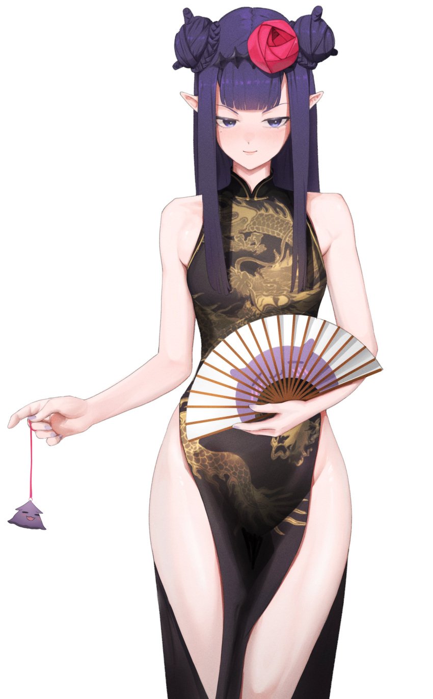 beauty_mark china_dress chinese_clothes folding_fan hololive hololive_english hololive_myth looking_at_viewer ninomae_ina'nis no_panties small_breasts smile spicyyrum tako_(ninomae_ina'nis) thick_thighs thighs virtual_youtuber vtuber wide_hips