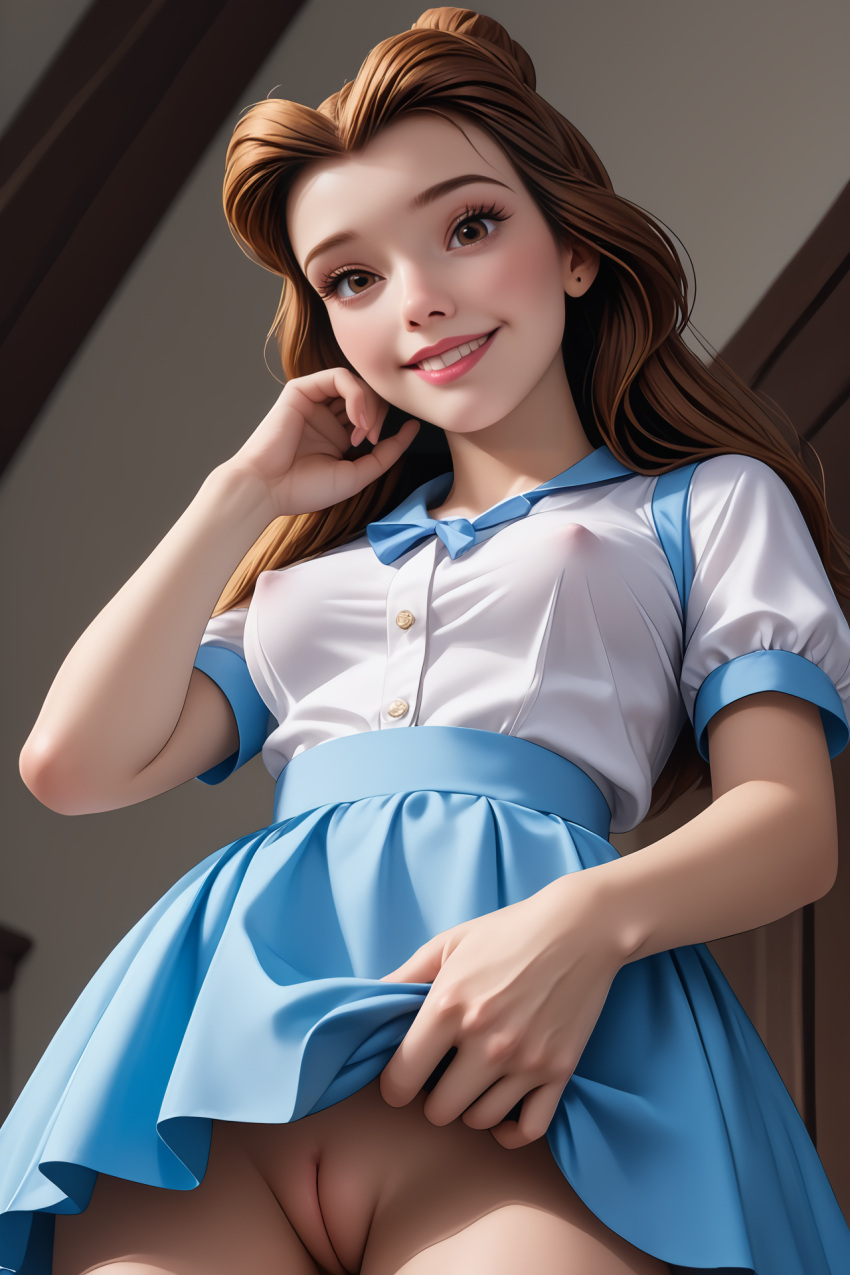 1girls ai_generated beauty_and_the_beast_(1991_film) belle_(beauty_and_the_beast) brown_eyes_female brown_hair_female cunningstuntda disney disney_princess dress_lift female_only long_hair_female looking_at_viewer nipple_bulge no_panties pussy smiling_at_viewer solo_female teeth_showing