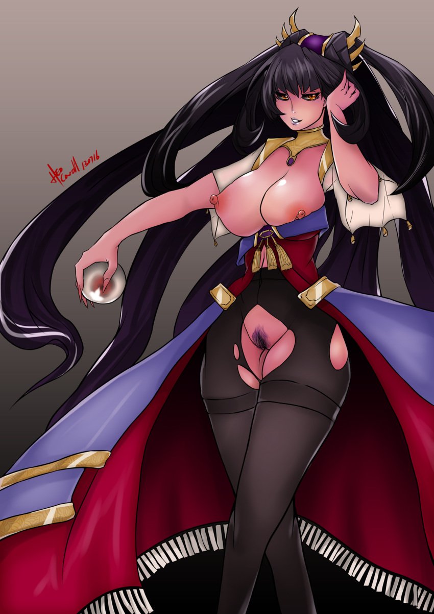 arad_senki areolae black_hair breasts breasts_out caooll crotchless curvy female hair_ornament highres huge_breasts lipstick long_hair nipples no_panties original pantyhose pubic_hair pussy skirt solo standing torn_clothes white_lipstick yellow_eyes