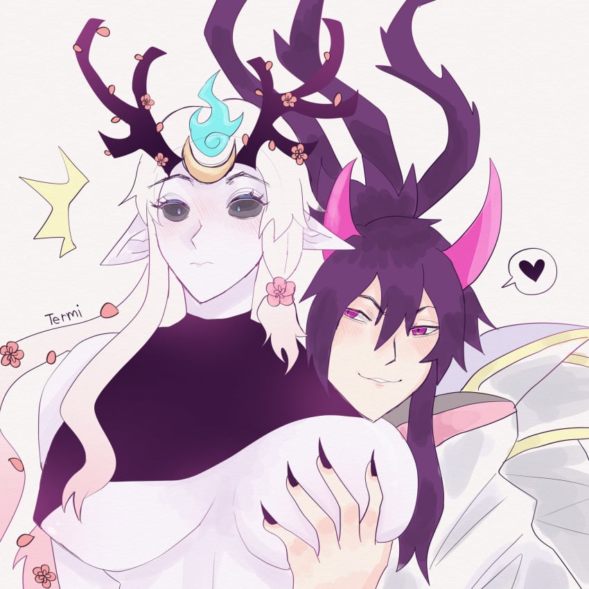 antlers big_breasts blush blush_lines cherry_blossoms covered_breasts duo duo_focus fanart fanart_from_twitter grope grope_from_behind groping groping_breasts long_ears long_hair long_nails male/female pointy_ears rule63 rule_63 sharp_fingernails smug_grin spirit_blossom_series spirit_blossom_thresh surprised surprised_expression thresh viego_(league_of_legends)