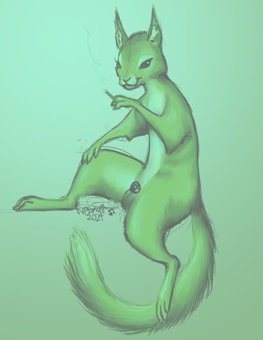 2024 animal_genitalia balls chastity_cage chastity_cage_only chastity_device chastity_device_only cigarette digital_drawing_(artwork) digital_media_(artwork) feral fluffy fluffy_tail furry genitals gradient_background green_theme hi_res male mammal nude regsmutt restricted_palette rodent sciurid semi-anthro sheath simple_background sitting smile smoking smoking_cigarette solo tail tree_squirrel