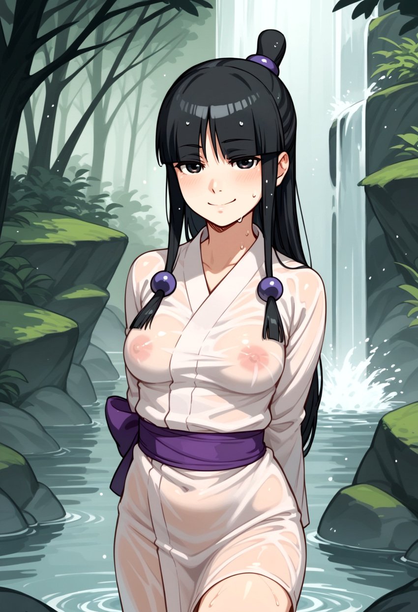 1girls ai_generated areolae black_hair breasts_visible_through_clothing gyakuten_saiban light-skinned_female light_skin maya_fey nipples nipples_visible_through_clothing pikkiwynn robe see-through tied_hair topknot waterfall wet wet_body wet_clothes wet_clothing