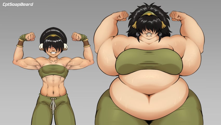 1girls avatar_the_last_airbender before_and_after captainsoapbeard chubby chubby_female female female_only human large_breasts overweight overweight_female sequence solo solo_female strongfat sweat toph_bei_fong transformation weight_gain wide_hips