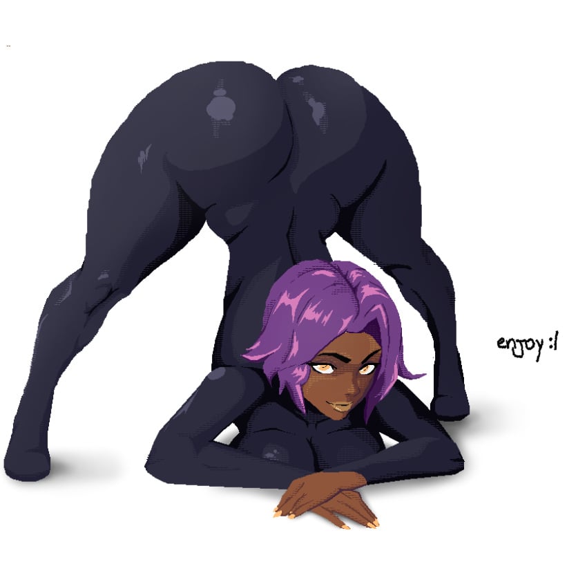 big big_ass big_breasts black_body bleach friccxl large_ass large_breasts latex looking_at_viewer no_background painted_nails pixel_art purple_hair shihouin_yoruichi short_hair spritebomb