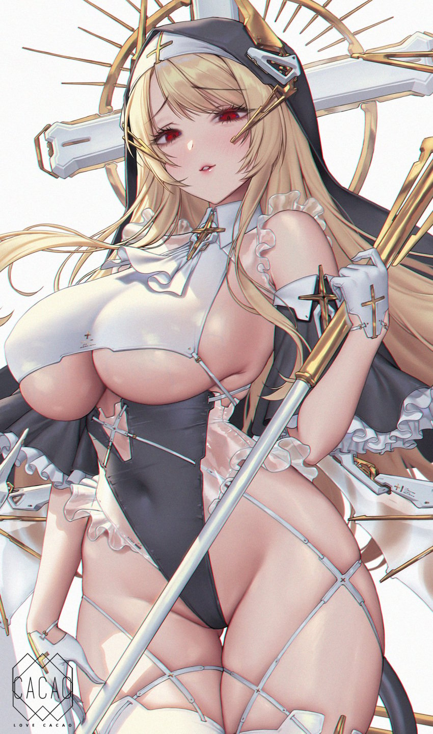 blonde_hair breast_curtains breasts cross frills from_below halo huge_breasts leotard long_hair love_cacao nun original red_eyes revealing_clothes solo staff thighhighs underboob