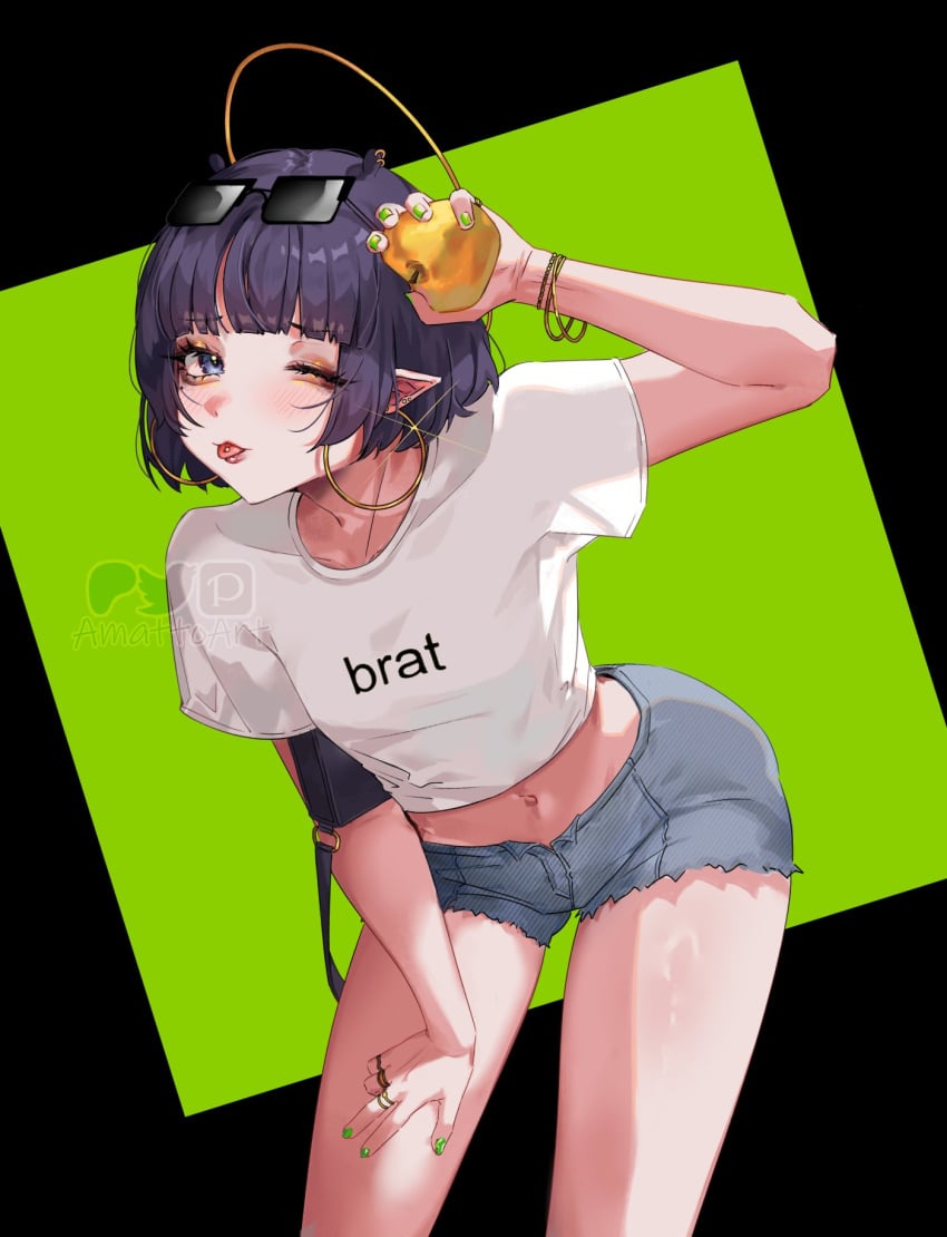 amatto ass belly_button bent_over brat_(charli_xcx) hololive hololive_english hololive_myth looking_at_viewer midriff ninomae_ina'nis peace_sign shiny_skin short_shorts shorts small_breasts thick_thighs thighs tongue tongue_out tongue_piercing virtual_youtuber vtuber wink winking_at_viewer